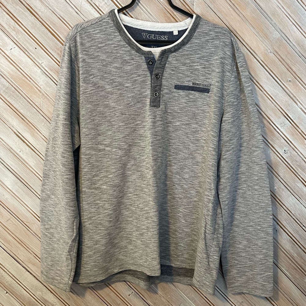 Guess jeans salt & pepper grey long sleeve Henley shirt buttons XXL collar comfy